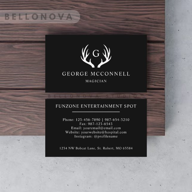 Individuelle Name Schwarz-Weiß-Hirsch-Antler-Monog Visitenkarte (Custom Name Black And White Deer Antler Monogram Business Card)