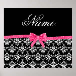 Individuelle Name Schwarz-weißer Damast Rosa Glitz Poster