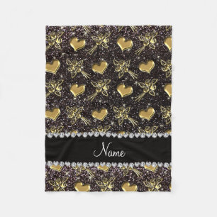 Individuelle Name Schwarzer Glitzer Gold Rose Herz Fleecedecke