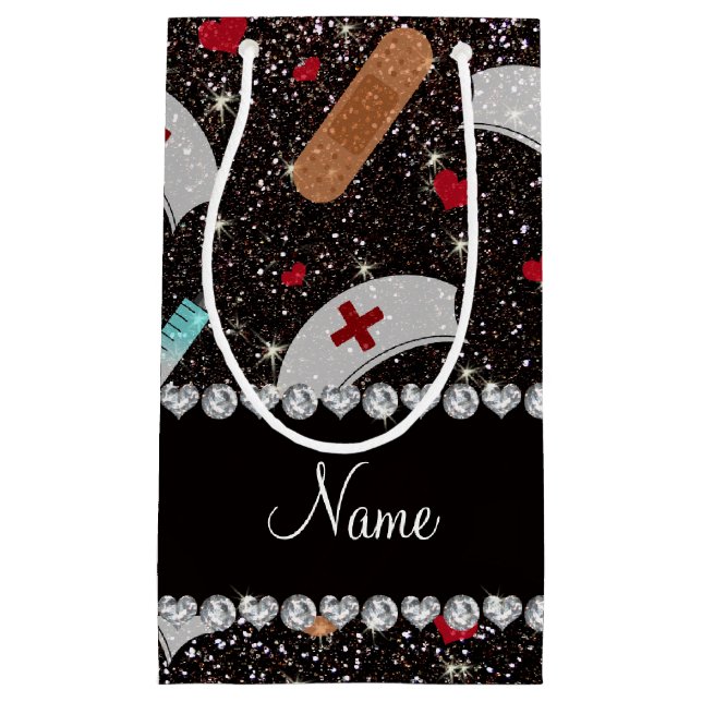 Individuelle Name Schwarzer Glitzer Krankenschwest Kleine Geschenktüte (Vorderseite)