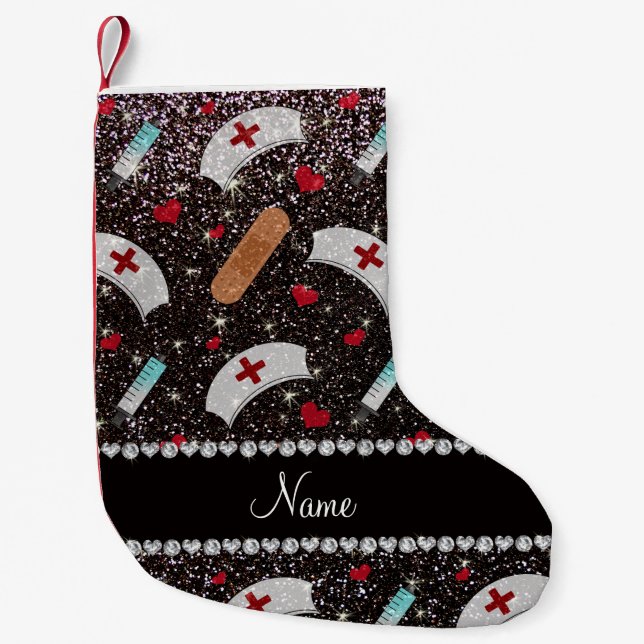Individuelle Name Schwarzer Glitzer Krankenschwest Kleiner Weihnachtsstrumpf (Vorderseite)
