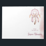 Individuelle Name Script Boho Dream Catcher Wasser Notizblock<br><div class="desc">Dieses moderne,  whimsical Notizblock mit einem handgemalten Aquarelltöner in Rosa und Ihrem individuelle Name ist einfach zu personalisieren.</div>