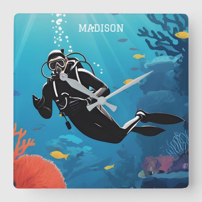 Individuelle Name Scuba Diver Quadratische Wanduhr (Vorderseite)