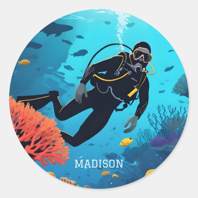 Individuelle Name Scuba Diver Runder Aufkleber (Vorderseite)