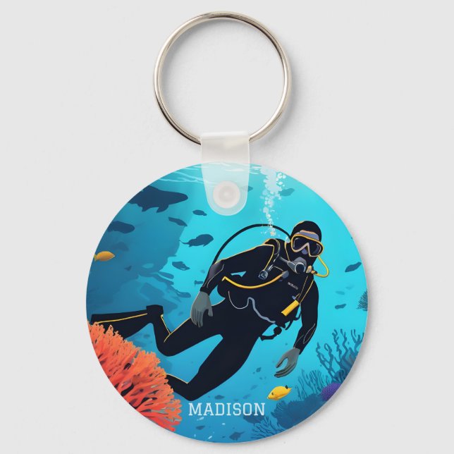 Individuelle Name Scuba Diver Schlüsselanhänger (Vorderseite)