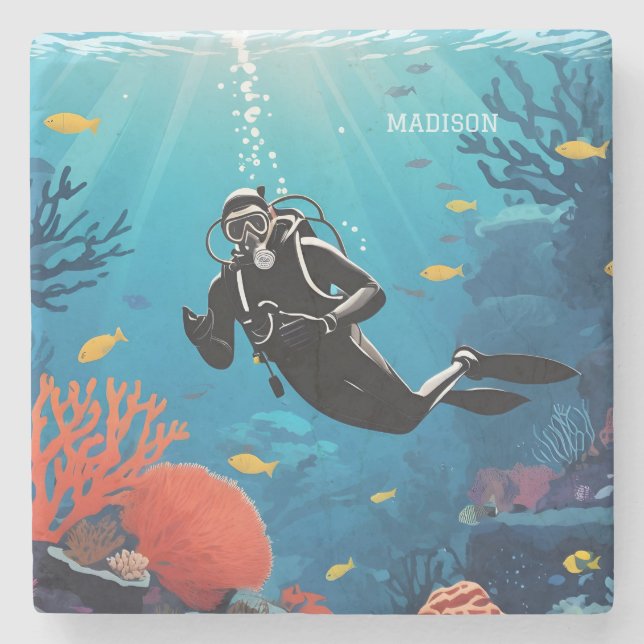 Individuelle Name Scuba Diver Steinuntersetzer (Vorderseite)