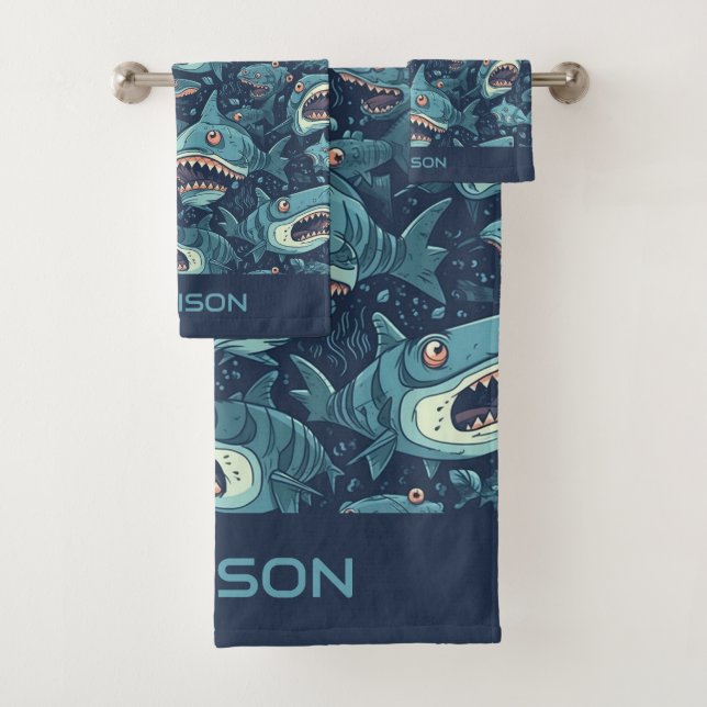Individuelle Name Sharks Muster Badhandtuch Set (Insitu)