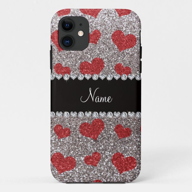 Individuelle Name Silber Glitzer Rote Herzen Case-Mate iPhone Hülle (Rückseite)