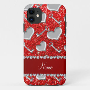 Individuelle Name Silberherzen Schlüssel Neon Rot  iPhone 11 Hülle