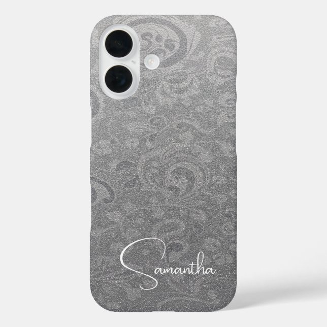 Individuelle Name Silver Glitzer Ornament Muster iPhone 16 Hülle (Rückseite)