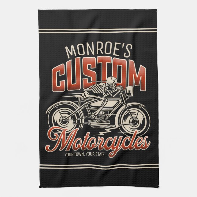 Individuelle Name Skeleton Motorrad-Shop Geschirrtuch (Vertikal)