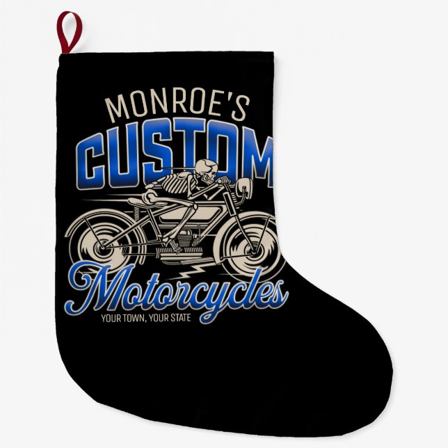 Individuelle Name Skeleton Motorrad-Shop Großer Weihnachtsstrumpf (Vorderseite)