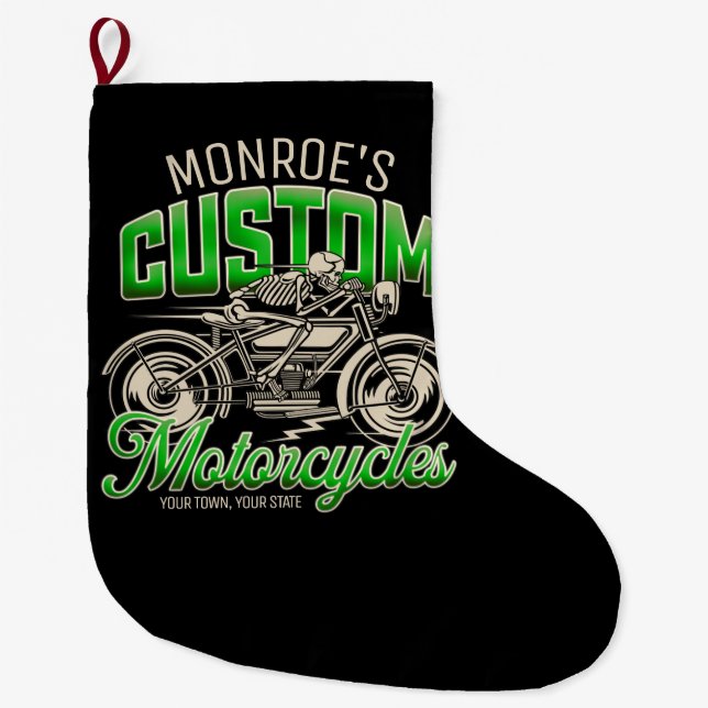 Individuelle Name Skeleton Motorrad-Shop Großer Weihnachtsstrumpf (Vorderseite)