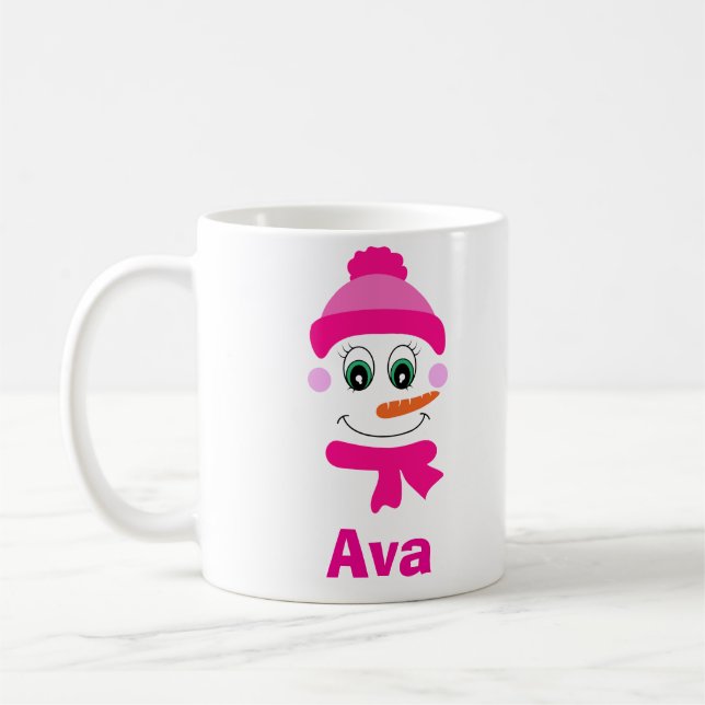 Individuelle Name Snowman Snowgirl Pink Hat und Sc Kaffeetasse (Links)