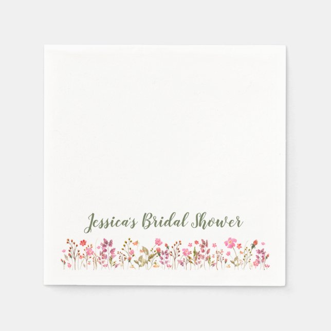 Individuelle Name Stilvolle Rosa Wildblumen Brautp Serviette (Vorderseite)
