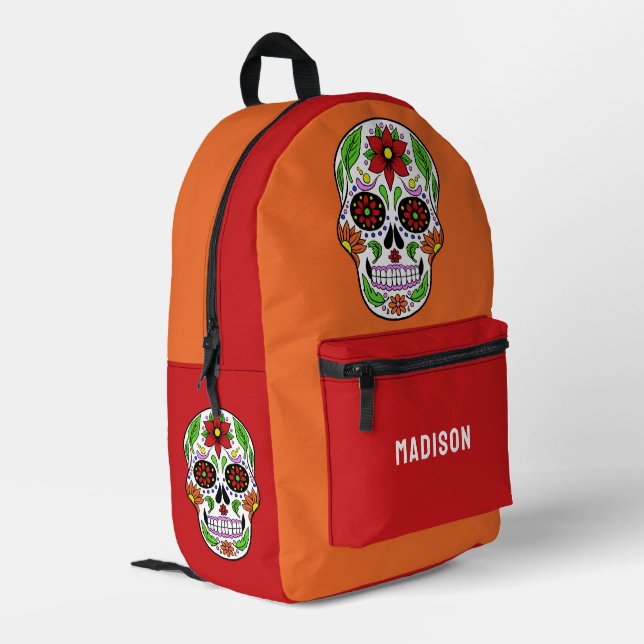 Individuelle Name Sugar Skull Bedruckter Rucksack (Rückseitige Ecke links)