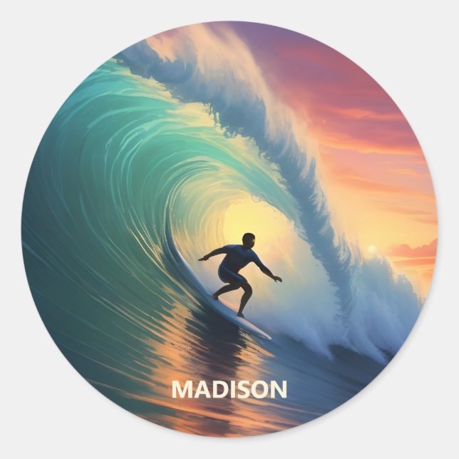 Individuelle Name Surfing Runder Aufkleber (Vorderseite)