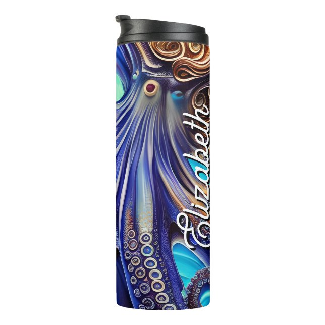 Individuelle Name Surreal Octopus Blauer Ozean Wav Thermosbecher (Nach rechts gedreht)