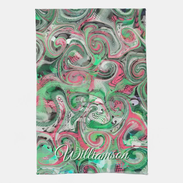 Individuelle Name Swirl Green Whimsical Abstrakt Geschirrtuch (Vertikal)