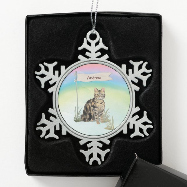 Individuelle Name Tabby Cat Pet Schneeflocken Zinn-Ornament (Box)