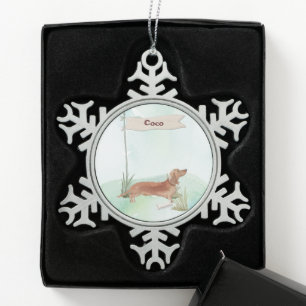 Individuelle Name Tan Dackel Haustier Hund Schneeflocken Zinn-Ornament