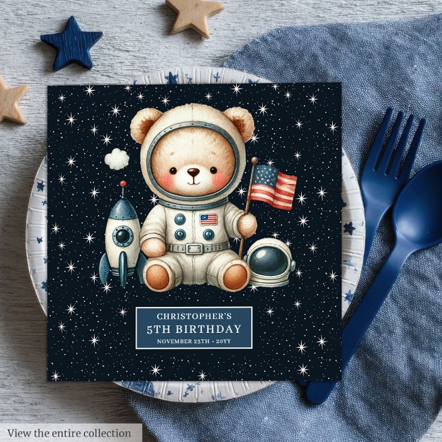 Individuelle Name Teddy Astronaut Napkins Babydusc Serviette (Custom Name Teddy Astronaut Napkins for Baby Shower)