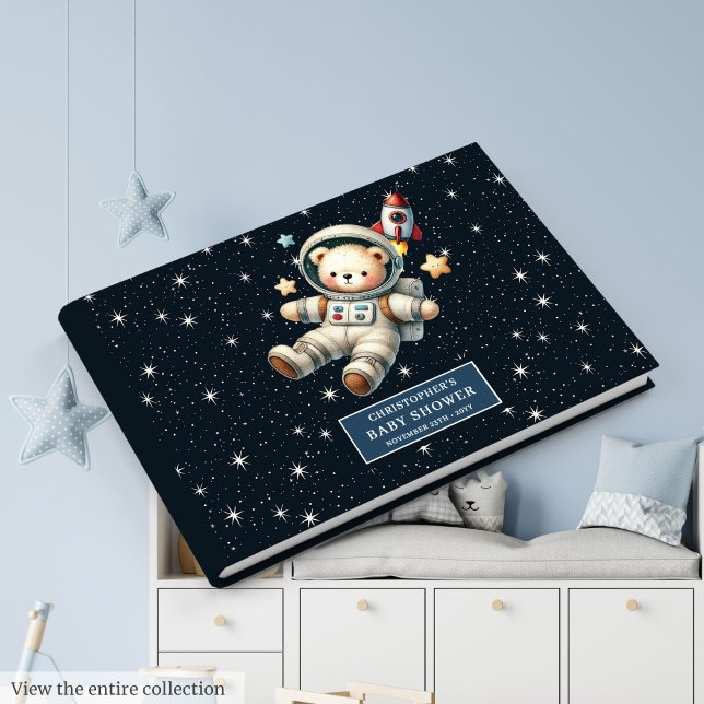 Individuelle Name Teddy Bear Astronautin Kinderdus Gästebuch (Custom Name Teddy Bear Astronaut Boy Baby Shower Guest Book)