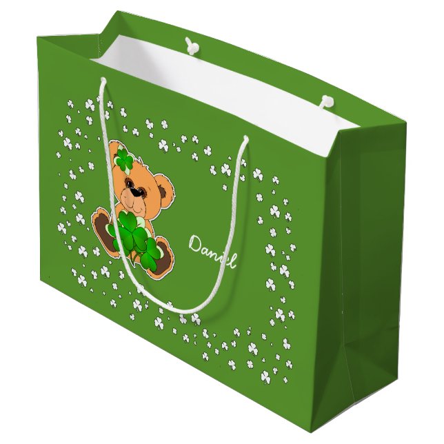 Individuelle Name Teddy Bear St.Patrick's Day Große Geschenktüte (Rückseite Schrägansicht)