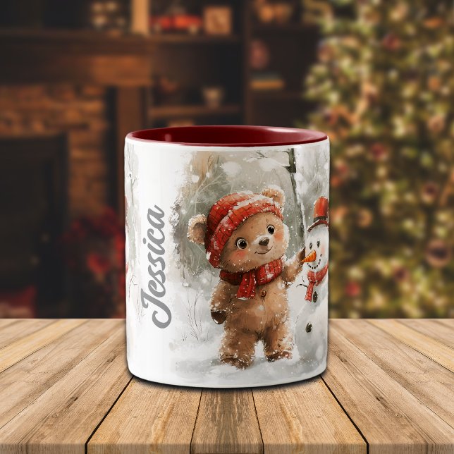 Individuelle Name Teddy Bear und Snowman Zweifarbige Tasse (Von Creator hochgeladen)