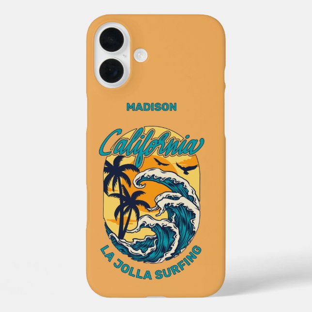 Individuelle Name / Text California Surfen iPhone 16 Plus Hülle (Rückseite)