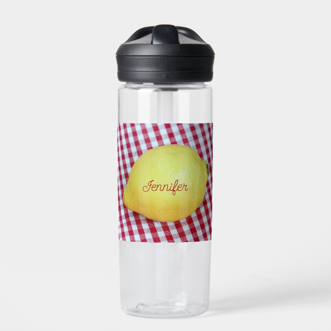 Individuelle Name Text Lemon Picnic Gingham Trinkflasche (Vorderseite)