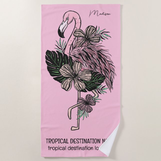 Individuelle Name, Text und Farbe Rosa Flamingo Strandtuch (Vorderseite)