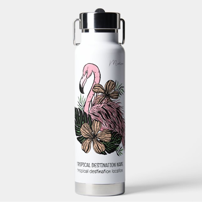Individuelle Name, Text und Farbe Rosa Flamingo Trinkflasche (Vorderseite)