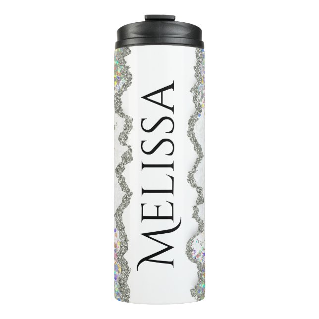 Individuelle Name Tumbler, Silver Glitzer Tumbler Thermosbecher (Vorderseite)