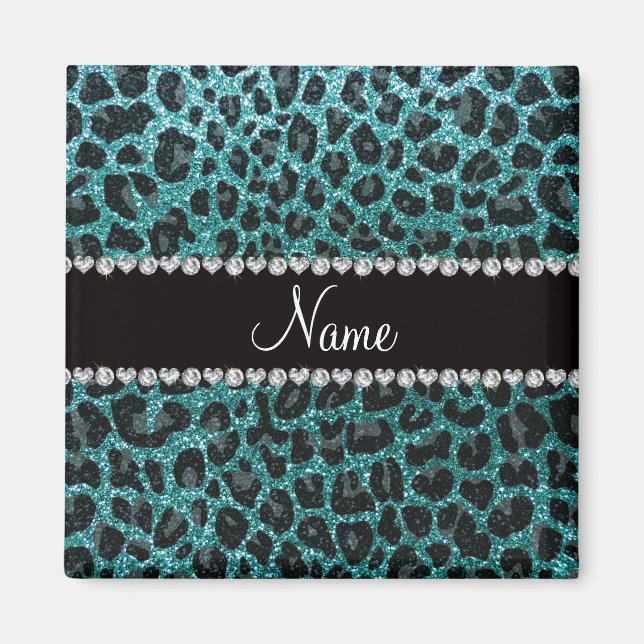 Individuelle Name Türkis Glitzer Leopard Magnet (Vorne)