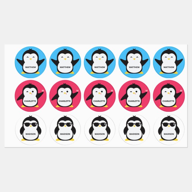 Individuelle Name und Farbpinguin Etiketten (Blatt)