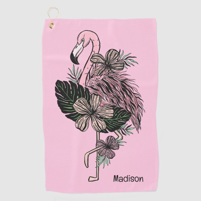 Individuelle Name und Farbrosa Flamingo Golfhandtuch (Vorderseite)