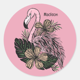Individuelle Name und Farbrosa Flamingo Runder Aufkleber