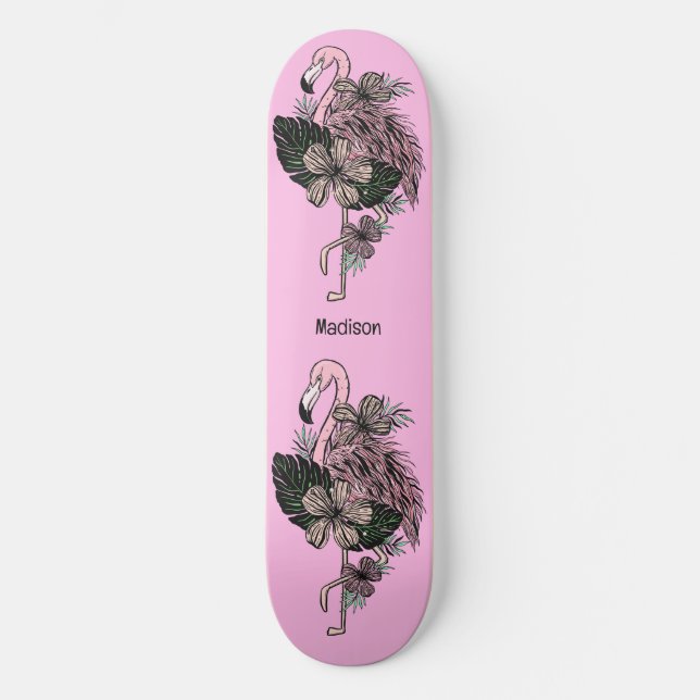 Individuelle Name und Farbrosa Flamingo Skateboard (Vorderseite)