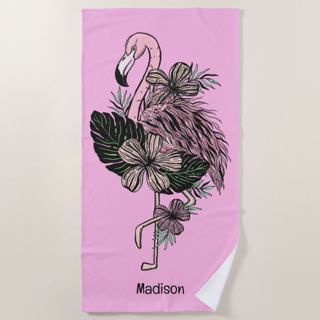 Individuelle Name und Farbrosa Flamingo Strandtuch (Vorderseite)