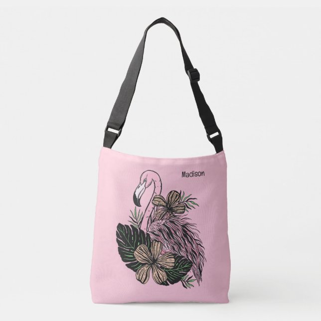 Individuelle Name und Farbrosa Flamingo Tragetaschen Mit Langen Trägern (Vorderseite)