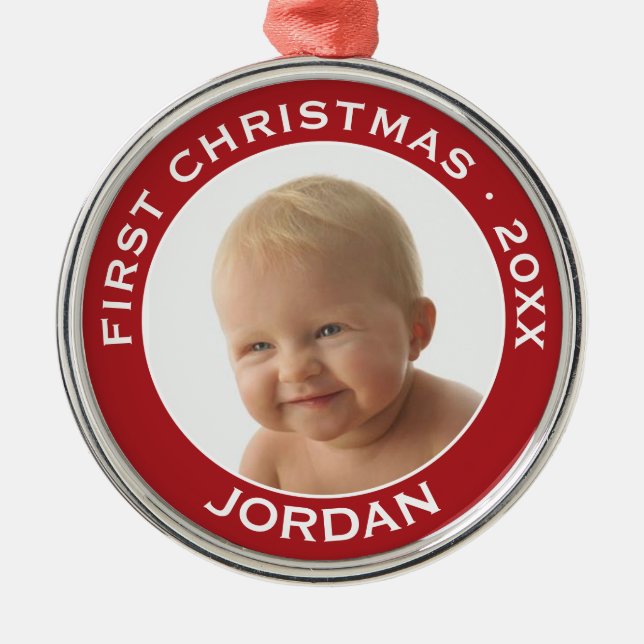 Individuelle Name und Jahr des ersten Weihnachtsju Silbernes Ornament (Vorne)