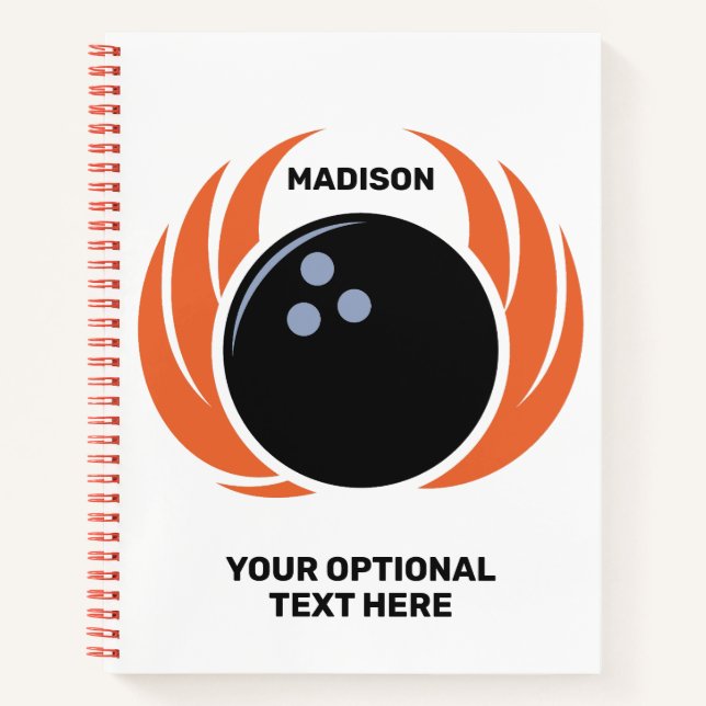 Individuelle Name- und Textbowling mit Flammen Notizbuch (Vorderseite)