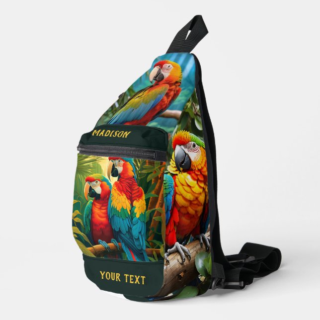 Individuelle Name- und Textfarbenfrohe Papageien Crossbody Bag (Rechte Ecke)