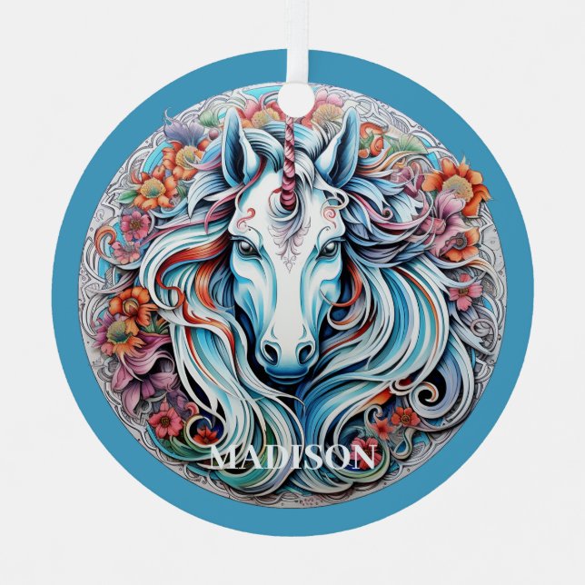 Individuelle Name Unicorn Ornament Aus Metall (Vorderseite)