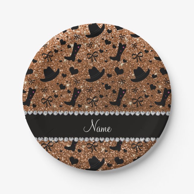 Individuelle Name verbrannte Gold Glitzer Cowboy S Pappteller (Vorderseite)