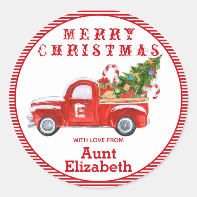 Individuelle Name Vintager Truck Weihnachtsfeierta Runder Aufkleber (Vorderseite)