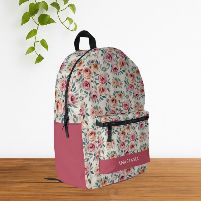 Individuelle Name Wasserfarben Bedruckter Rucksack (Cute Elegant Pink Watercolor Floral Backpack)