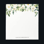 Individuelle Name Wasserfarbene Weißblumen Notizblock<br><div class="desc">Weißfarbene Frühlingsblumen Personalisierter Notepad | Ein elegantes und skurriles Notizblock mit weißen Blume und Blattwerk. Das wird ein perfekter weiblicher Akzent für Ihr Büro sein.</div>