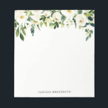 Individuelle Name Wasserfarbene Weißblumen Notizblock<br><div class="desc">Weißfarbene Frühlingsblumen Personalisierter Notepad | Ein elegantes und skurriles Notizblock mit weißen Blume und Blattwerk. Das wird ein perfekter weiblicher Akzent für Ihr Büro sein.</div>
